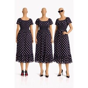 & Lily Women’s 16W Blue White Polka Dot Smocked Midi Dress Puff Sleeve Plus Size